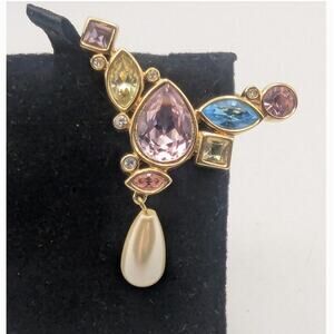 SWAROVSKI Vintage Gold Tone Pastel Crystal Faux Pearl Dangle Brooch Pin 2in